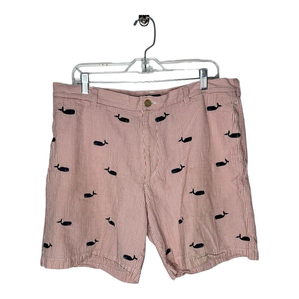 J Crew‎ Chino Shorts Mens 38 Seersucker Embroidered Whales Stripe Cotton Preppy